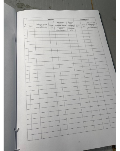 Книга видачі зброї та боєприпасів, Закон України 548, додаток 10, Прошнурована м'яка палітурка